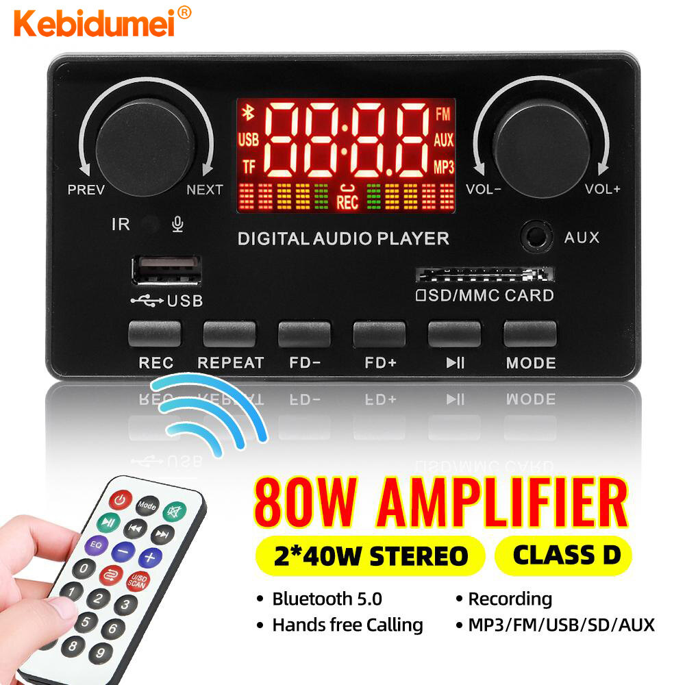 Kebidumei 40w 12v bluetooth 5.0 âm thanh kỹ thuật số bảng khuếch đại công suất giải mã class d stereo xe tự làm usb aux fm đài phát thanh mp3 máy nghe nhạc cho loa