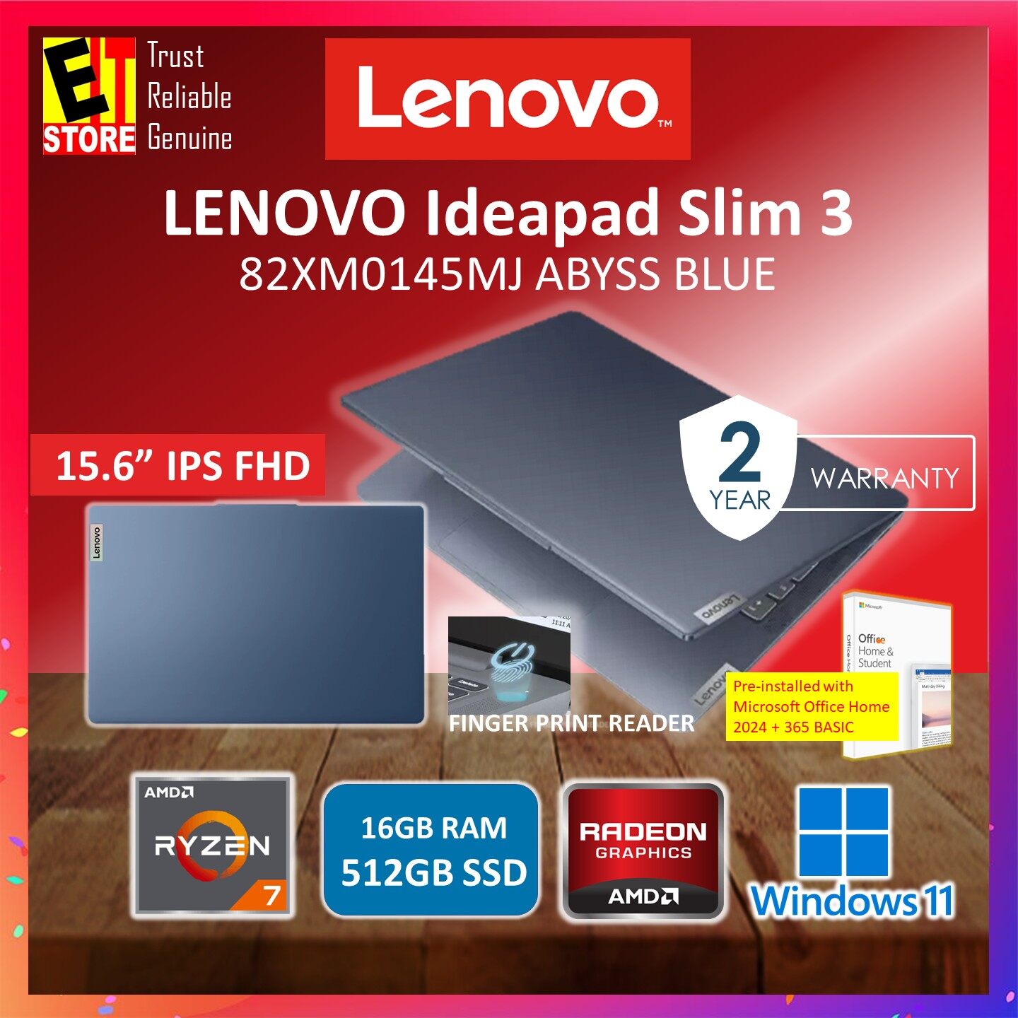 Lenovo Laptop IdeaPad Slim 3 Laptop (RYZEN 7 5825U/ 16GB/512GB SSD/15.6 IPS FHD/RADEON GRAPHICS/OFF HOME 2024 +BASIC 365/FINGER PRINT READER/W11/BACKPACK/2Y) IPS3 82XM0145MJ/ 82XM0146MJ