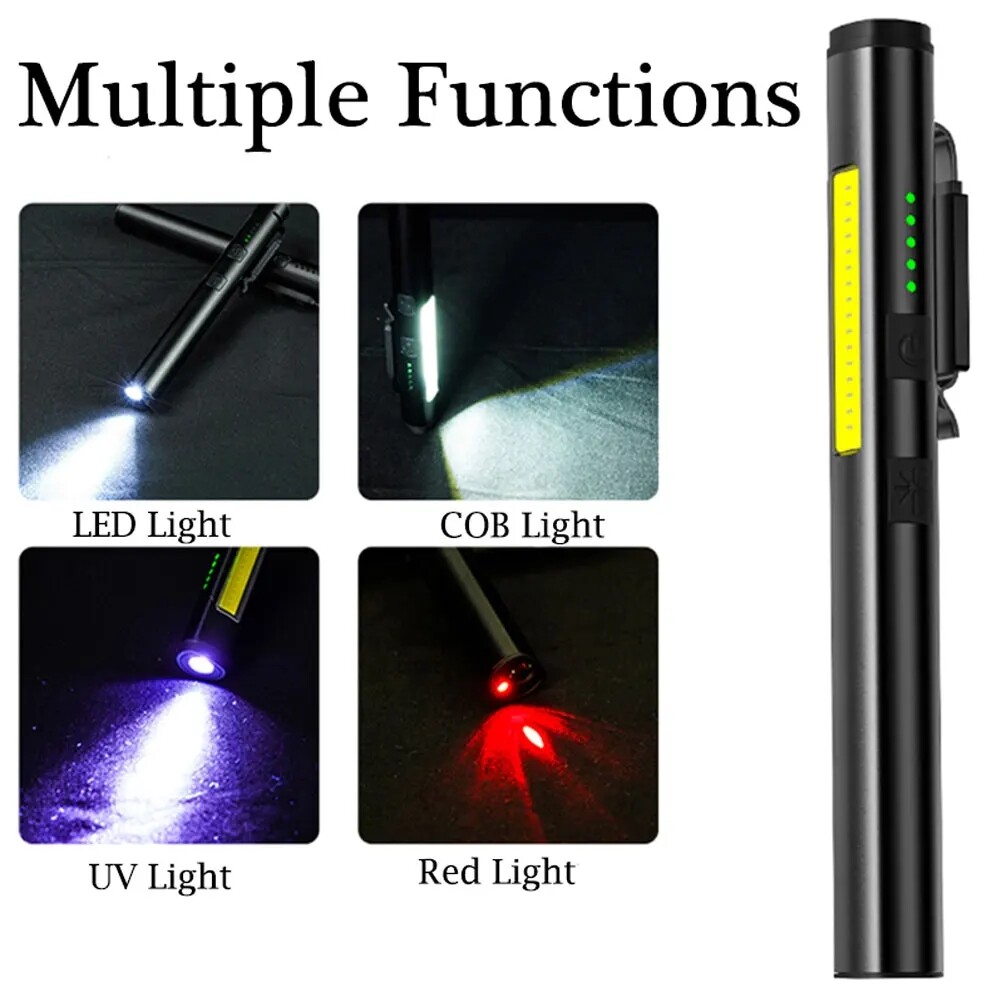 Mini led đa năng đèn pin usb 4-trong-1 có thể sạc lại uv/led/đèn pin cob, 4 nguồn ánh sáng kẹp bút