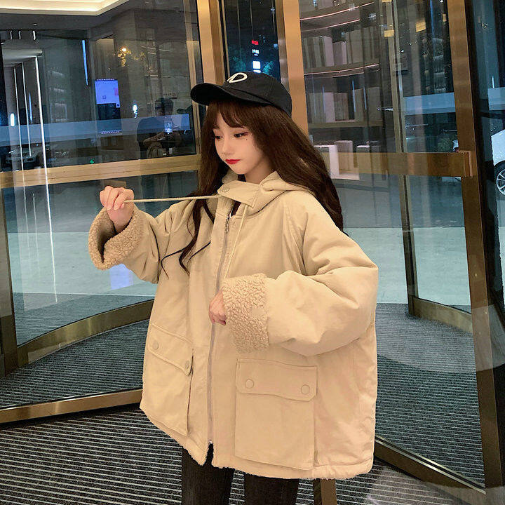 Thickened double-sided lamb wool coat for female ins students Korean style loose autumn and winter New Harajuku workwear cotton coat fashion