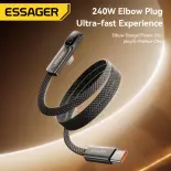 Essager Pd 240W Màn hình hiển thị kỹ thuật số Khuỷu Tay Uốn Cong C-C Loại C Cáp Sạc Nhanh Type-C Để USB-C L-Hình Dạng Cáp 5A sạc nhanh TEE-Hình cuộn dây Dữ Liệu Cho Macbook máy tính xách tay iPad Máy Tính Bảng Iphone17 16 15 Xiaomi Samsung Huawei Vivo