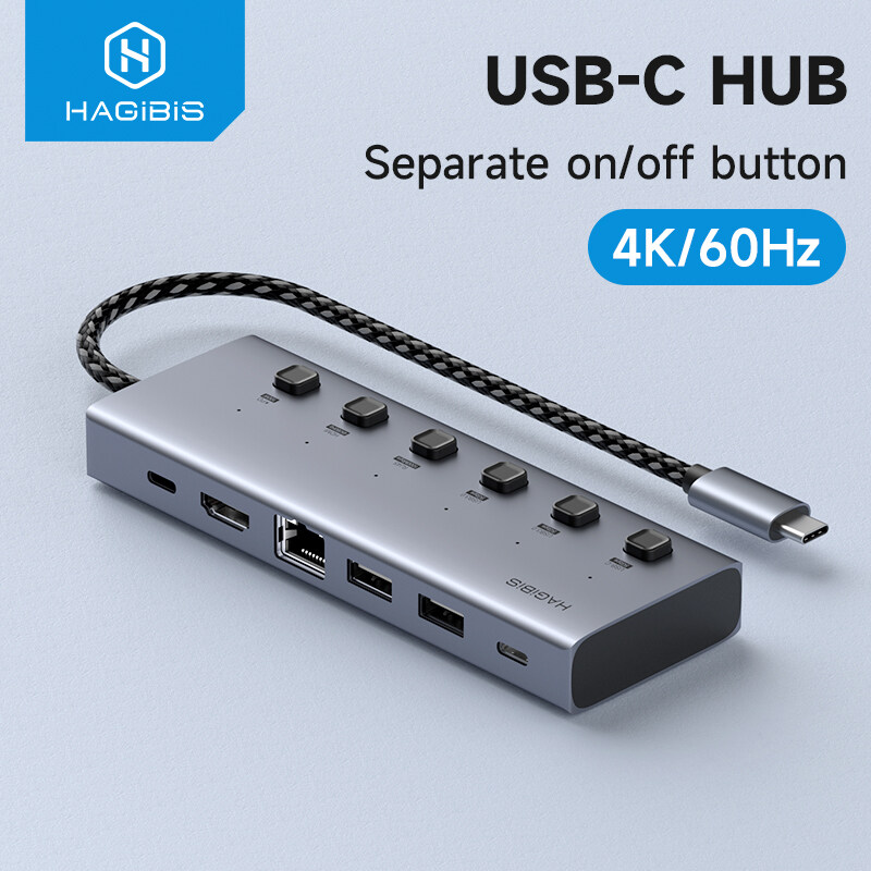 Hagibis 6 in 1 USB C HUB Type-C Individual On/Off Switches Docking Station Type C to 100W PD 4K 60Hz HDMI RJ45 Gigabit Ethernet USB3.0 USB C HUB Port For Laptops Macbook Pro Air Lenovo Surface Dell XPS HP Huawei iPhone 16/15 Pro Windows Mac OS