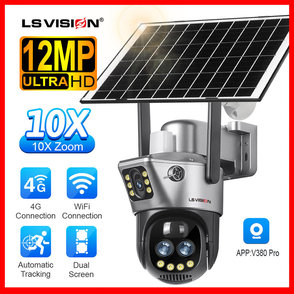  Camera CCTV năng lượng mặt trời ống kính kép WiFi 4G Camera An Ninh PTZ không dây 10 lần Zoom quang học nhìn trong đêm đầy màu sắc không dây Camera An Ninh PTZ ngoài trời chống nước IP66 + Camera IP âm thanh hai chiều phát hiện IR + AI 2025 V380 Pro 6K 12 