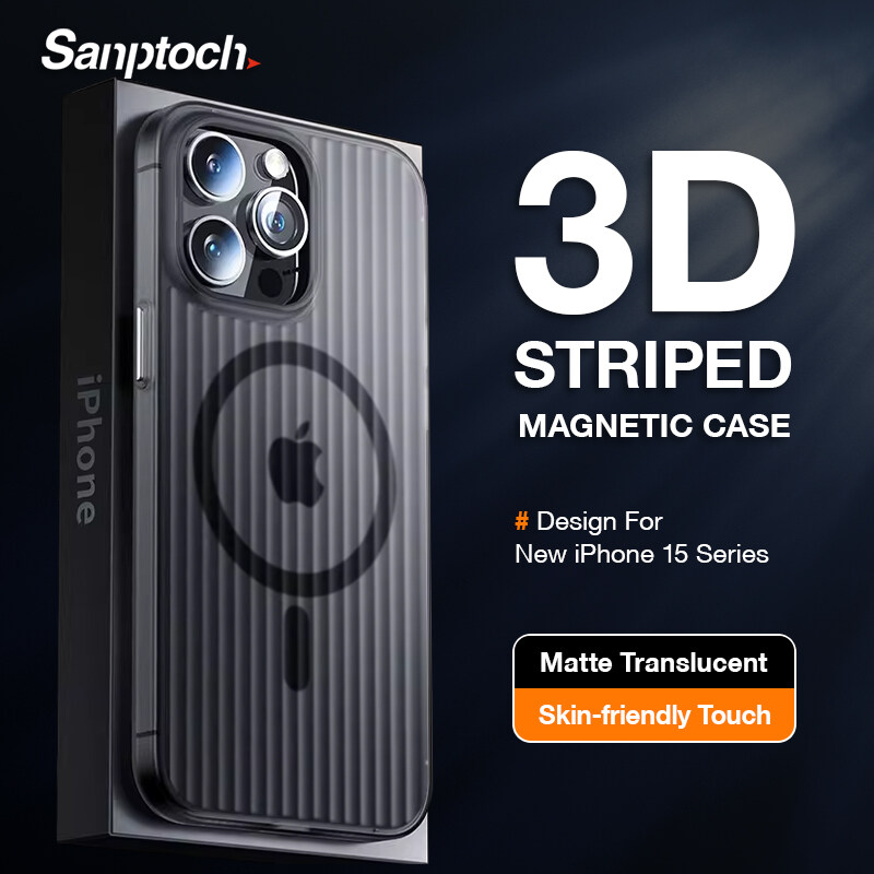 Sanptoch Cho Magsafe 3D Sọc Mờ Ốp điện thoại cho Iphone 15 14 13 Pro Max Mỏng Không Trượt Mờ Bìa Cho iPhone 15 Pro Max Chống Sốc PC Ốp cứng