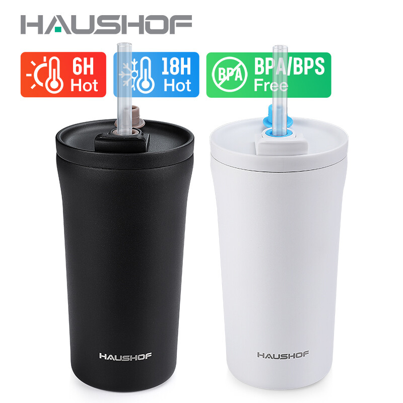 HAUSHOF 500ml/17oz Insulated Tumbler Coffee Travel Mug Vacuum Insulated Stainless Steel Free Straw Stay Hot and Cold ราคา 265 บาท*ส่งฟรี