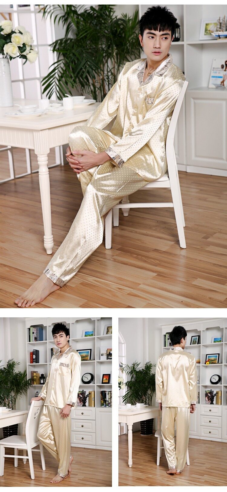 Đồ ngủ xuân và mùa hè bộ đồ ngủ lụa hè mặc cho đàn ông bộ đồ ngủ dài Sleeve Silk