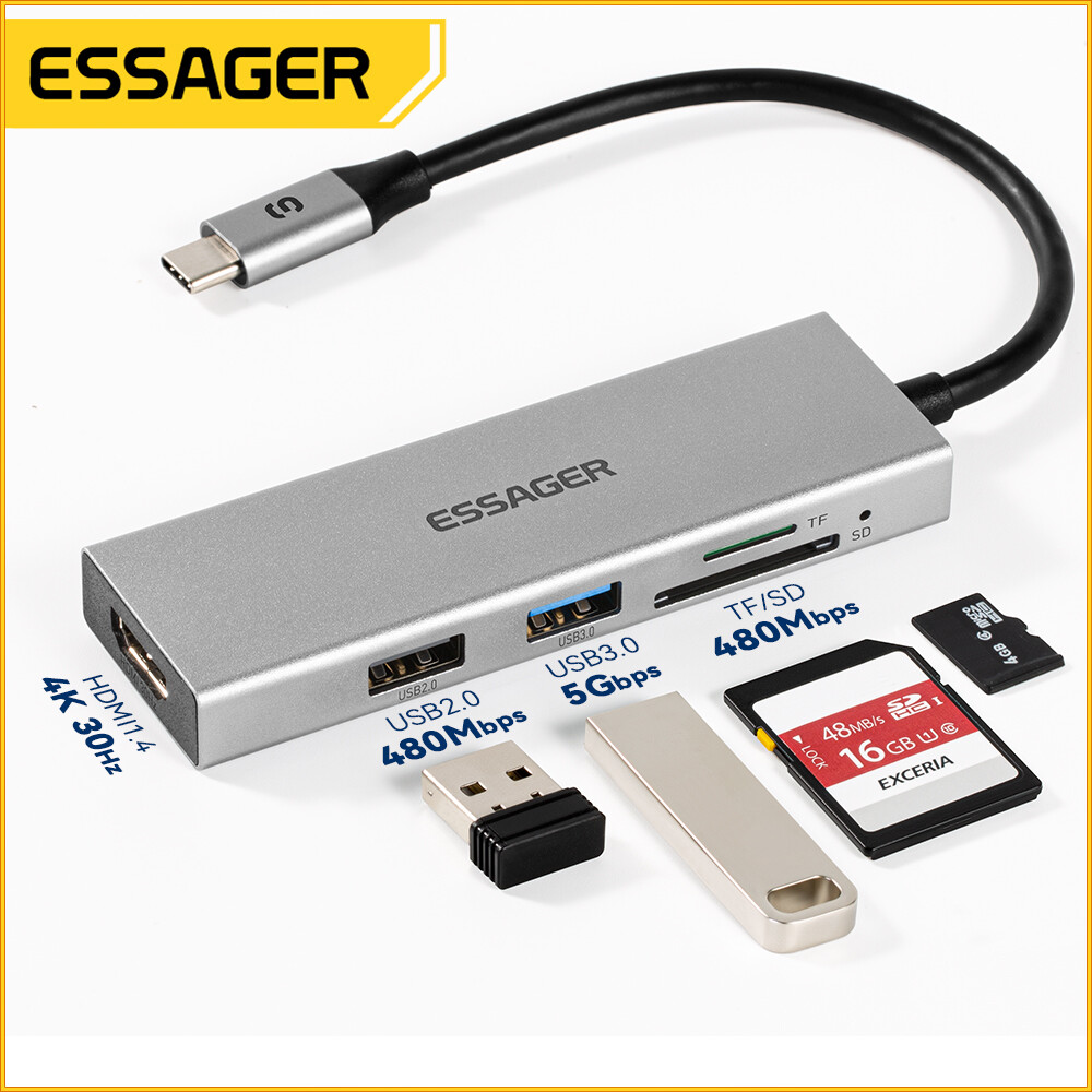Essager 5 Trong 1USB C Loại C Bộ chia cáp Extender USB tốc độ cao 3.0 2.0 SD đầu đọc thẻ TF Cổng Spl