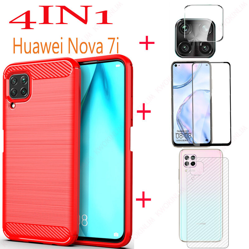 (4 in 1) For For Huawei Nova 7i shockproof phone case Full Cover Tempered  Glass Screen Protector film camera lens film +Carbon fiber back film