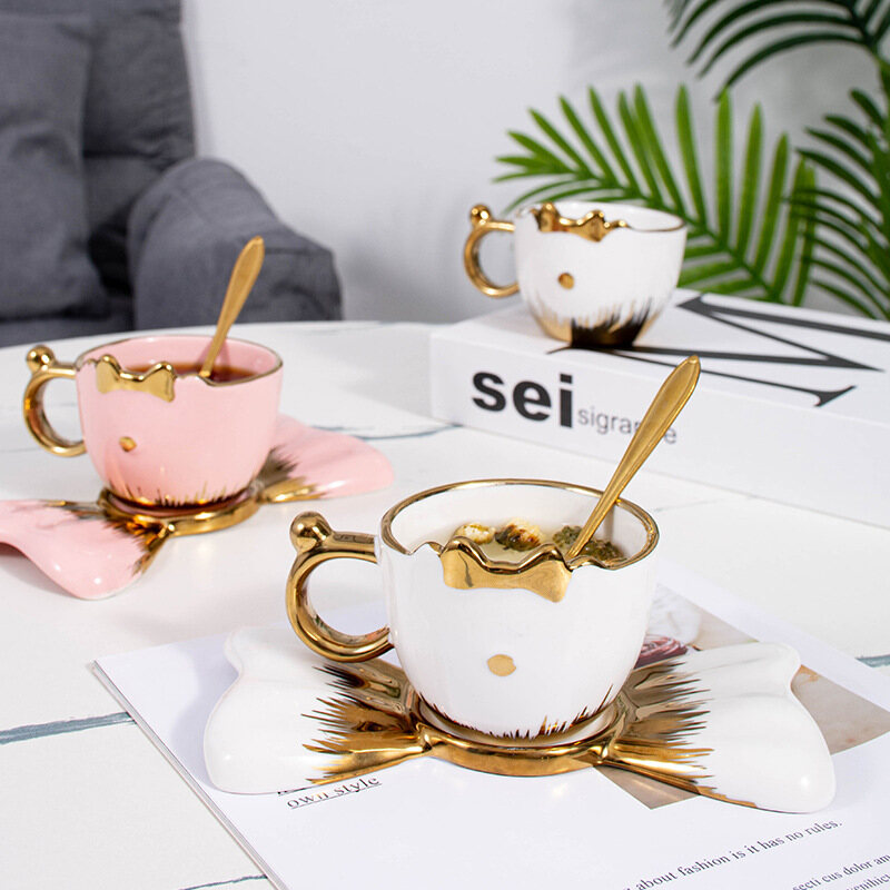 Gambar Nordic High end Afternoon Tea Office Exquisite Coffee Cup and Saucer Net Red Ins Wind Bow Gold rimmed Ceramic Cup and Saucer