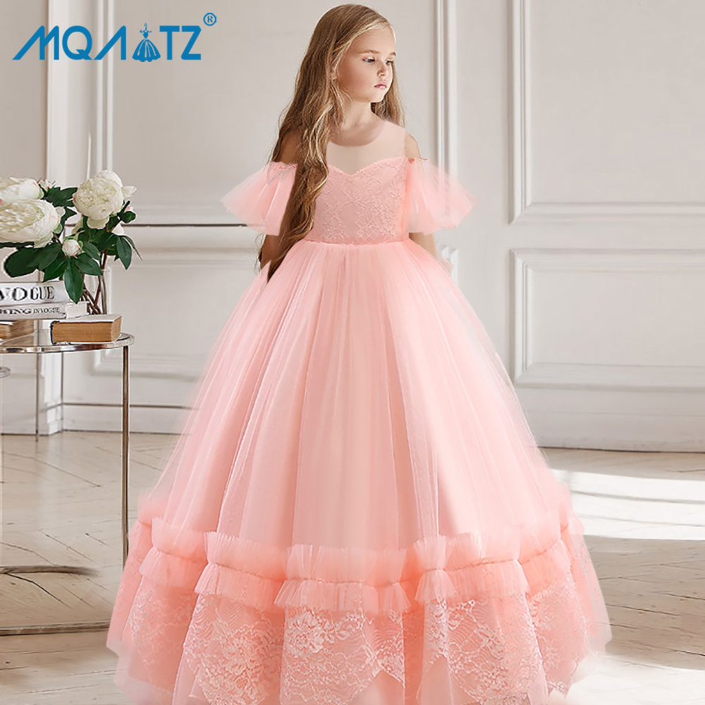 MQATZ Pink Pageant Princess Party Girl Dress For Children First Bridesmaid Costume Short Sleeve Lace Wedding Prom Gown 5-12Y ALP-0018 ราคา 718 บาท*ส่งฟรี