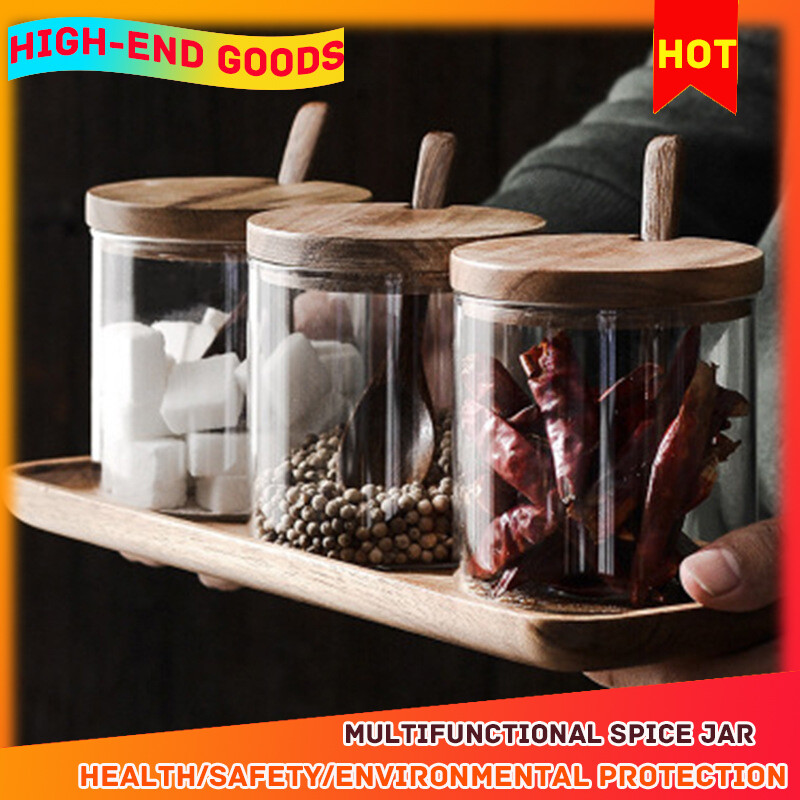 Gambar ?100% Quality Assurance?Glass Seasoning Jar Three piece Creative Kitchen Supplies Wooden Salt Shaker Sugar Jar