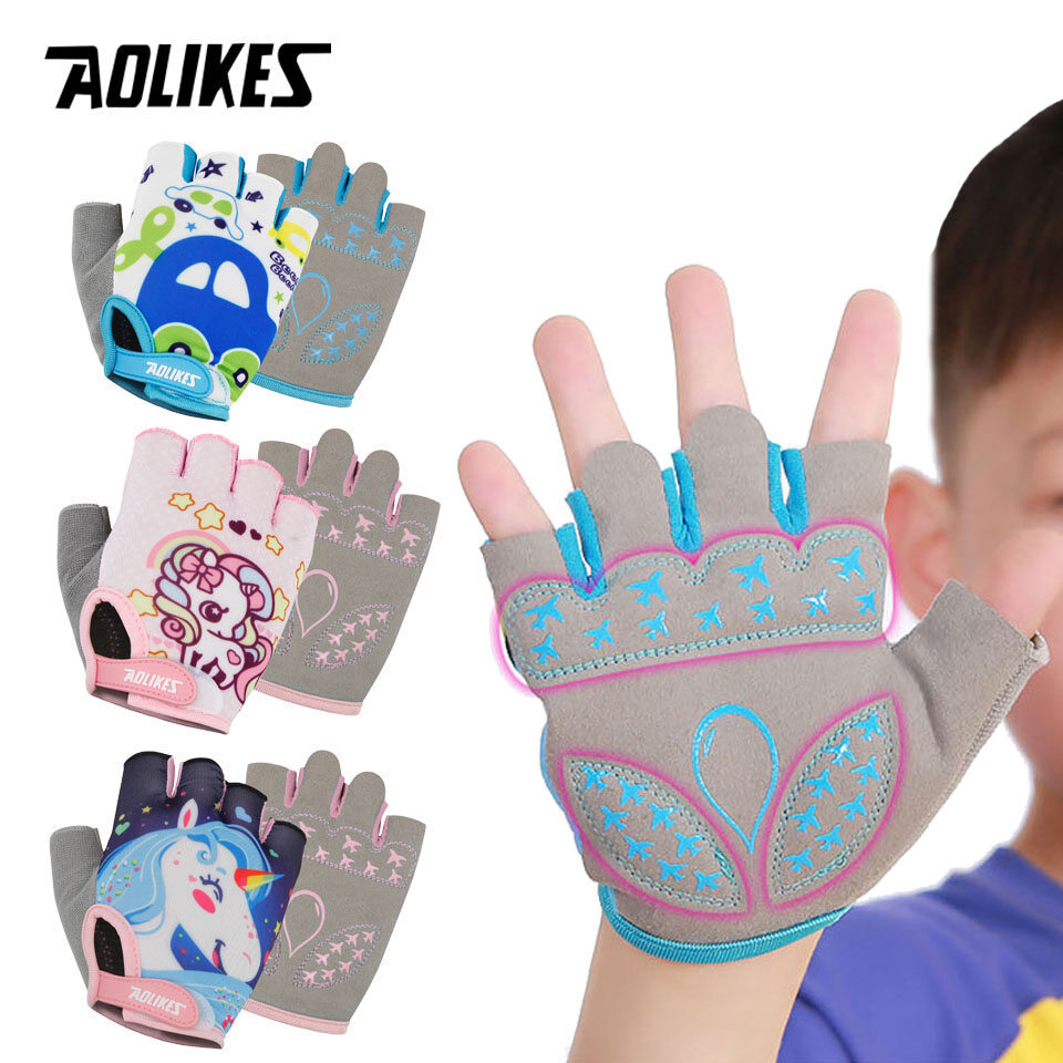AOLIKES trẻ em trẻ em hở ngón găng tay đi xe đạp thoáng khí cọ Silicone chống trượt SBR thể thao chống sốc Bảo Hộ Xe Đạp Skate găng tay