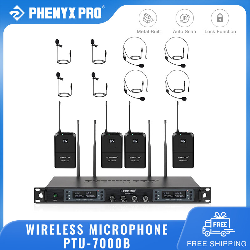 Phenyx Pro PTU-7000B Wireless Microphone System Quad Channel Wireless Mic Set 4 Bodypacks and Headsets/Lapel Mics 4x40 Channels Auto Scan 328ft Coverage for Singing DJ Church Stage Karaoke ราคา 11,299 บาท*ส่งฟรี