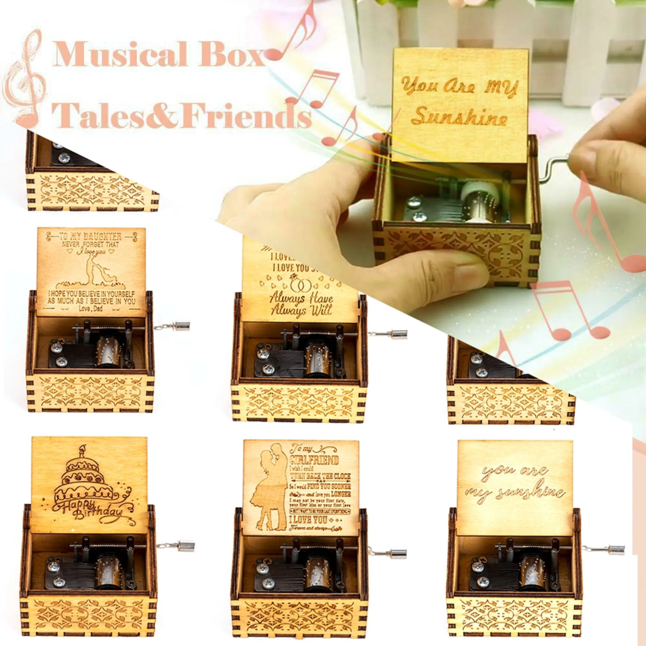 Antique Music Box Wood Hand Cranked Music Box Toys Home Crafts Ornaments Decor