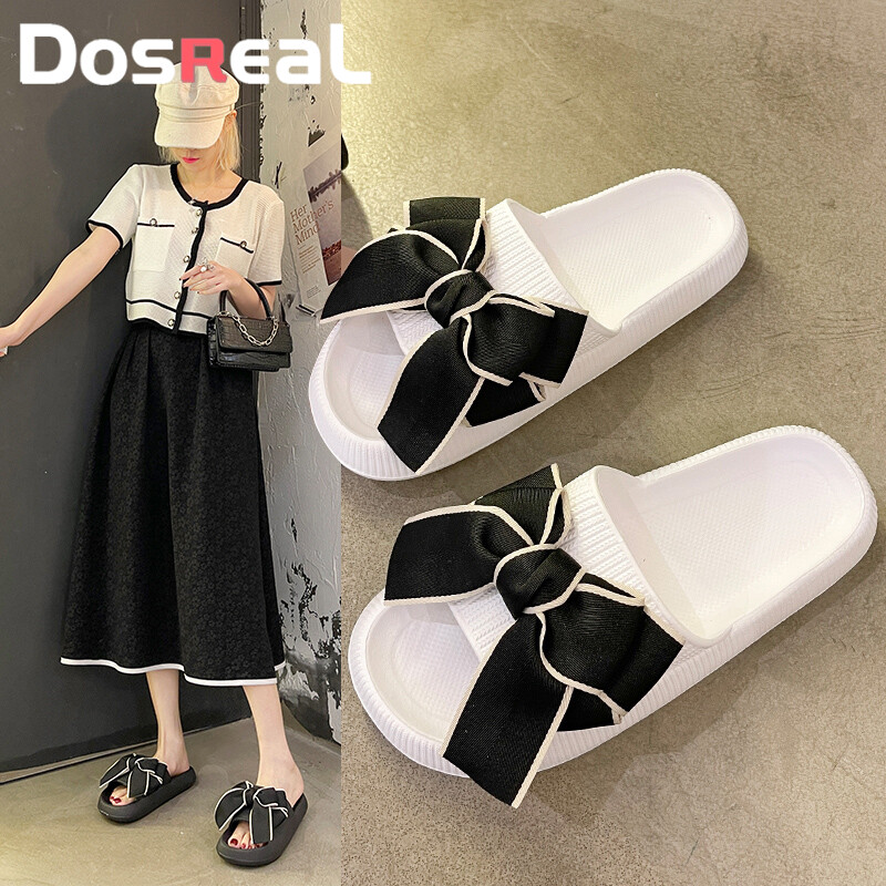 DOSREAL Women Korean Style Fluffy Slippers Ribbon Comfy Wear Thick Bottom Anti-Slip Summer Casual Outdoor/ Indoor Slipper Ladies Beach Sandals ราคา 238 บาท*ส่งฟรี