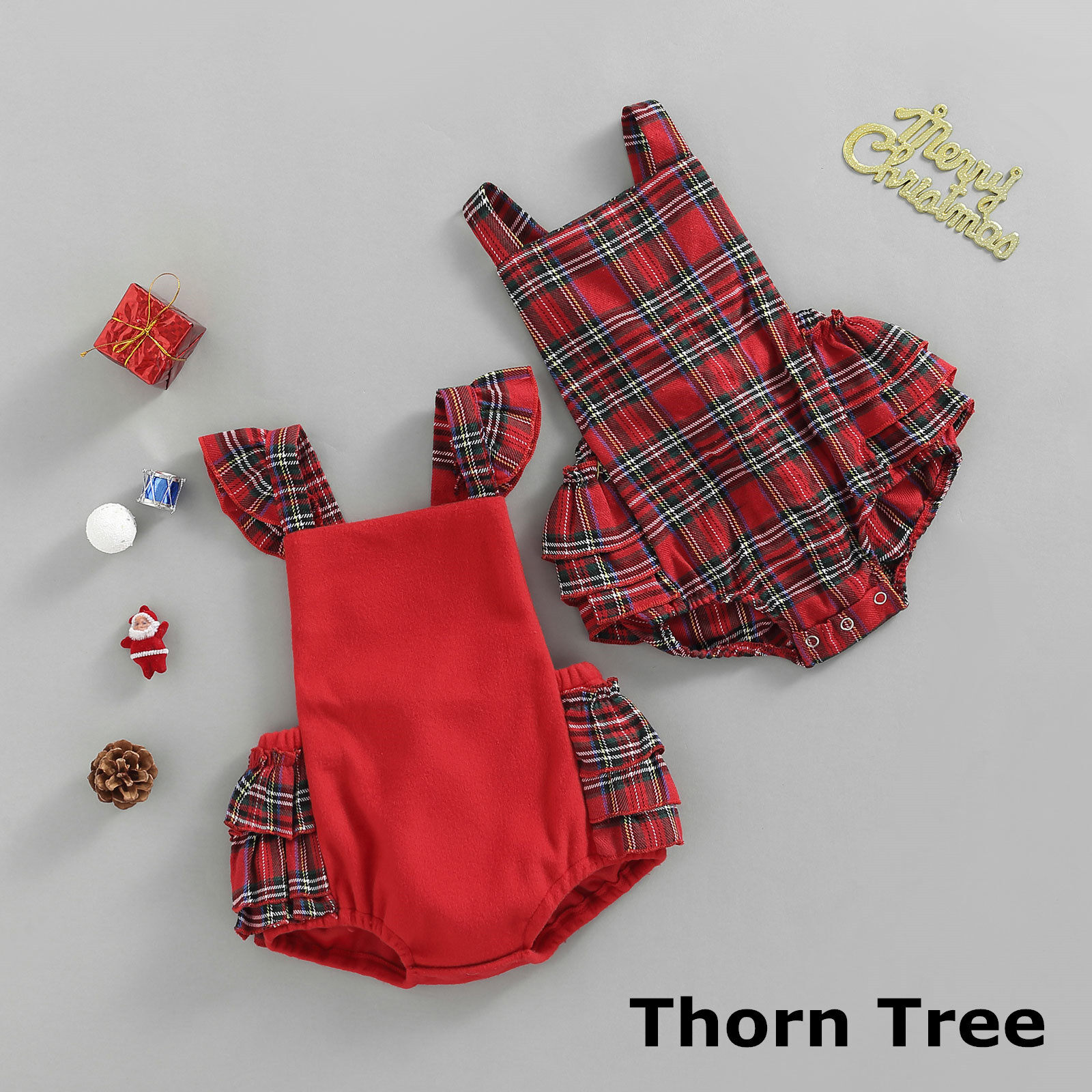 Thorn Tree Christmas Baby Girl Clothes Plaid Square Romper Jumpsuit