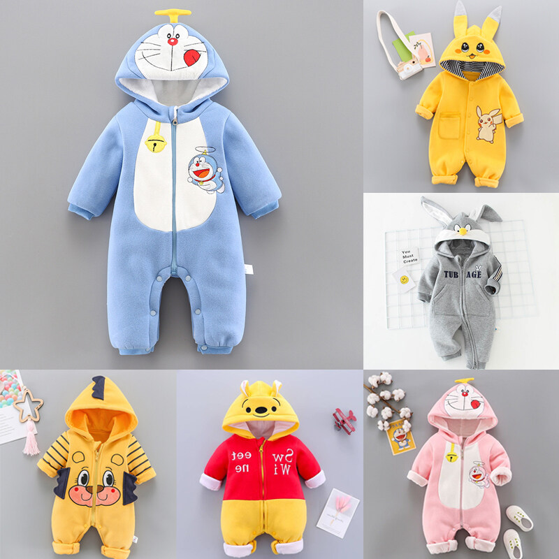 Trẻ sơ sinh Doraemon Romper Jumpsuits vải flanen dài tay bodysuit Winnie Gấu Pooh Fox hoodie cho trẻ