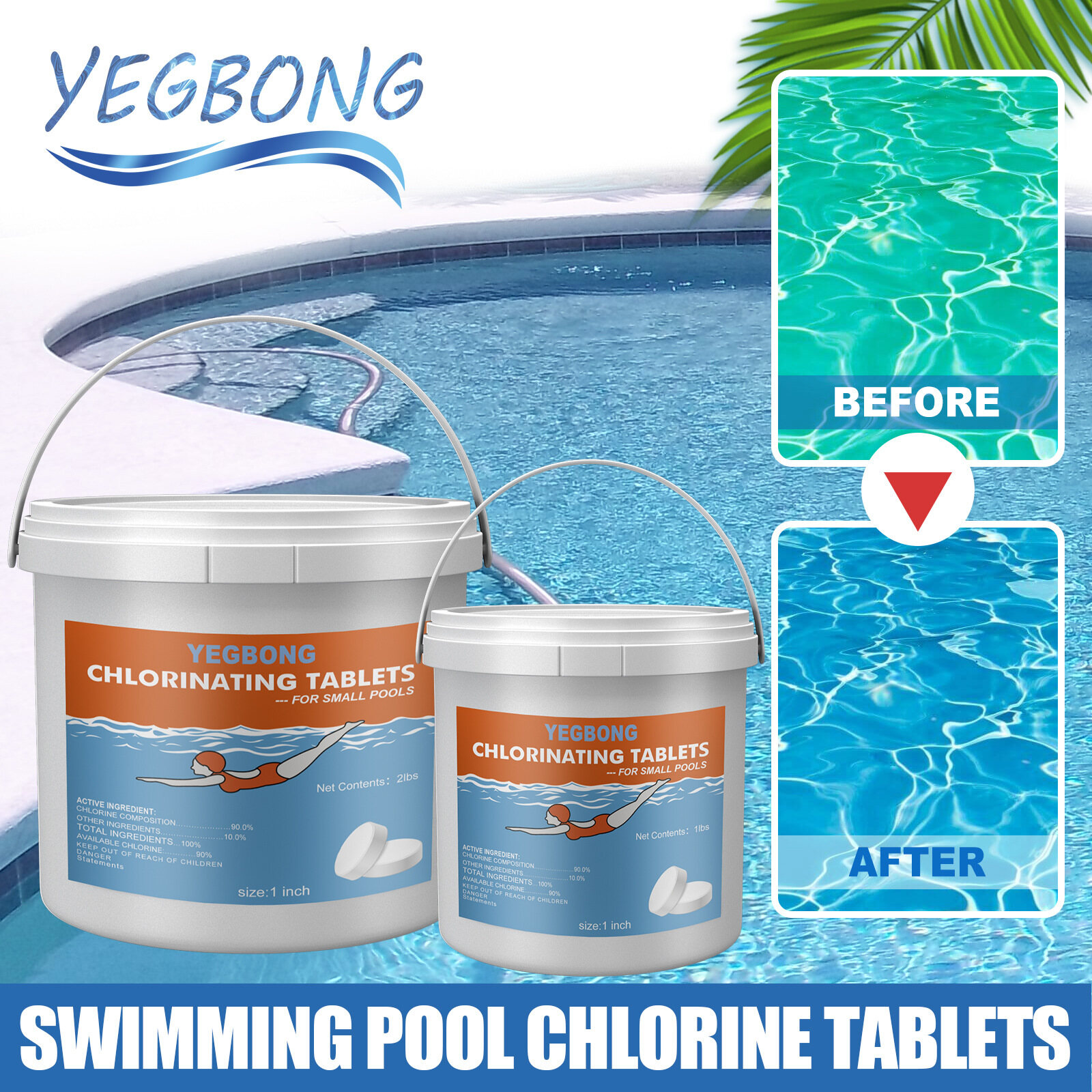 Yegbong viên làm sạch bể bơi 1/2 pound dụng cụ làm sạch hóa chất clo nổi dụng cụ làm sạch loại bỏ sủi bọt viên clo bể bơi cải thiện chất lượng nước, làm rõ và khử mùi làm sạch bể bơi tức thì đa chức năng