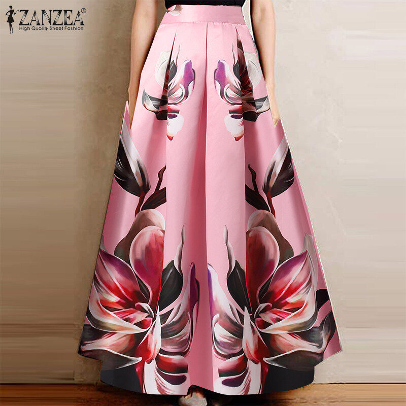 ZANZEA Women Retro A-Line Maxi Skirt Floral Printed High Waist
