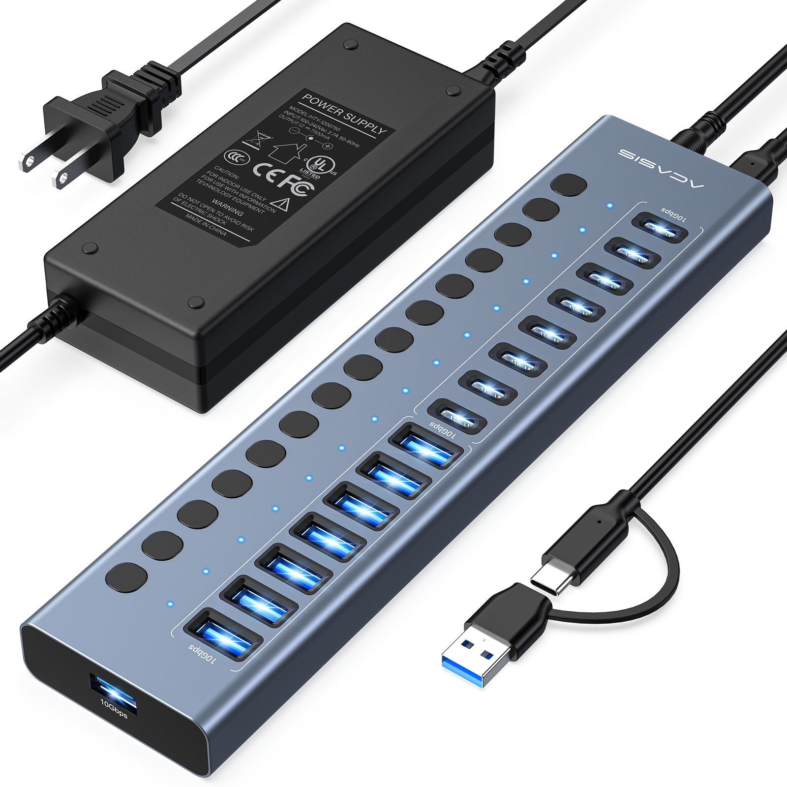 16 cổng HUB USB 10gbps, 8x USB-A 3.1 + 8x USB-C trung tâm dữ liệu, truyền tốc độ cao cho ổ cứng, đĩa U, bao gồm bộ chuyển đổi điện và cáp