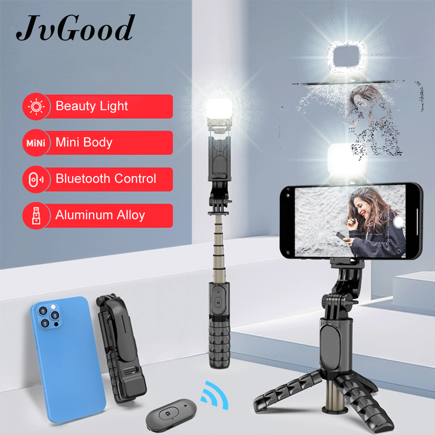 JvGood Gậy chụp ảnh tự sướng Bluetooth có đèn LED trợ sáng tích hợp chân đế tripod 3 chân thỏa sức selfie live steam học online có thể gấp gọn kèm remote tùy chỉnh cho các chuyến du lịch Selfie Stick
