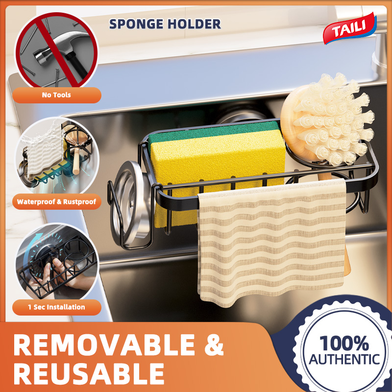TAILI 4-in-1 Sponge Holder for Kitchen Sink with Strong Suction Cup, Dishwashing Sponge Holder in Sink Removable, Rust-Resistant Aluminum Sink Holder for Sponges, Brushes, Scrubbers, Sink Stoppers and Scrapers ราคา 237 บาท*ส่งฟรี