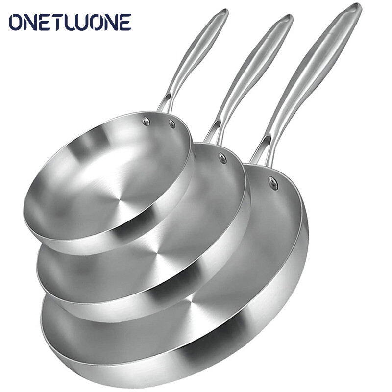 Onetwone 22/24/26/28/30cm 304 stainless steel frying pan Un-coated Pan household Pot for Gas and Induction cooker Flat pan no rust wok ราคา 668 บาท*ส่งฟรี