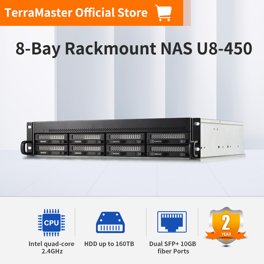 TerraMaster U8-450 NAS Server – Rackmount 2U 8-Bay High Speed Network Attached Storage with Atom C3558R Quad-core CPU, 8GB DDR4 Memory, Dual SFP+ 10GbE Interfaces, Dual 2.5GbE Ports (Diskless) ราคา 45,492 บาท*ส่งฟรี