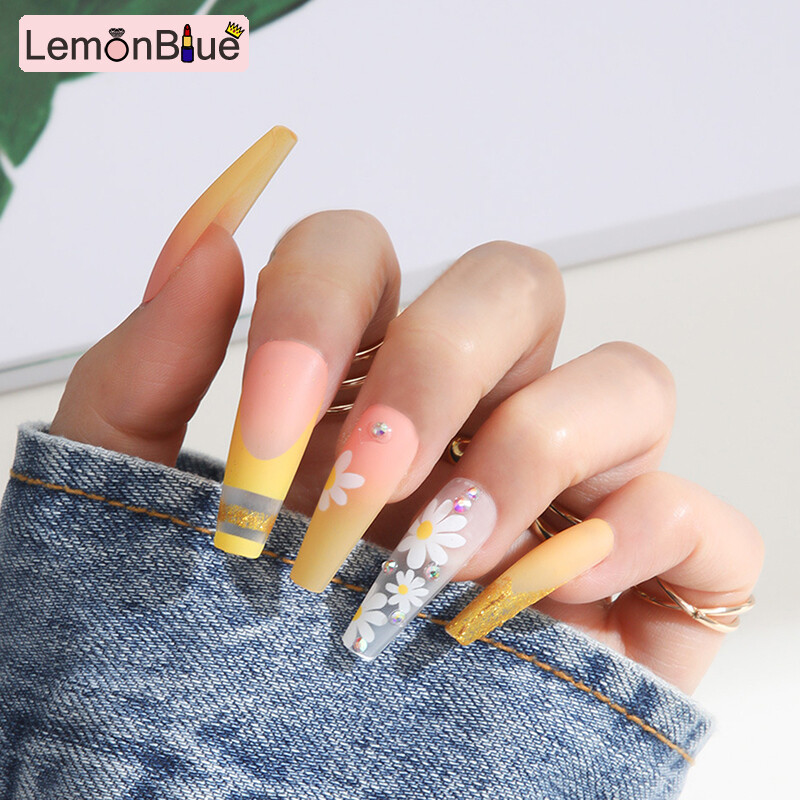 Gambar LemonBlue 24PCS Long Yellow Press on Nails with Small Daisies Design Fake Nails Full Coverage Artificial Tips Finger Manicure