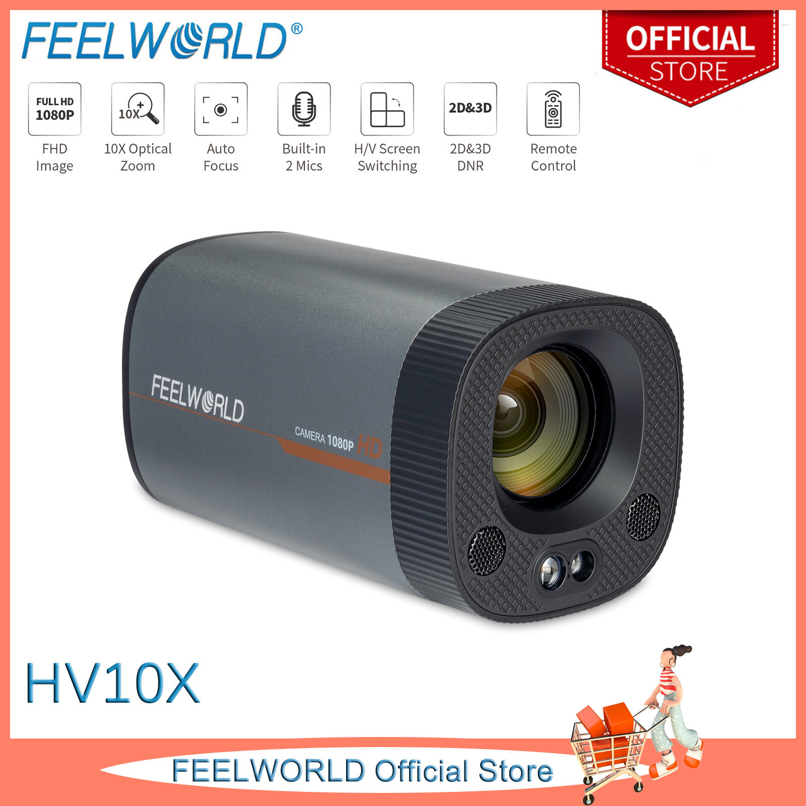 FEELWORLD HV10X Professional Live Streaming Camera Full HD 1080P 60fps USB3.0 HDMI with 10X Optical Zoom Auto Focus Microphone Support Remote Control ราคา 13,224 บาท*ส่งฟรี