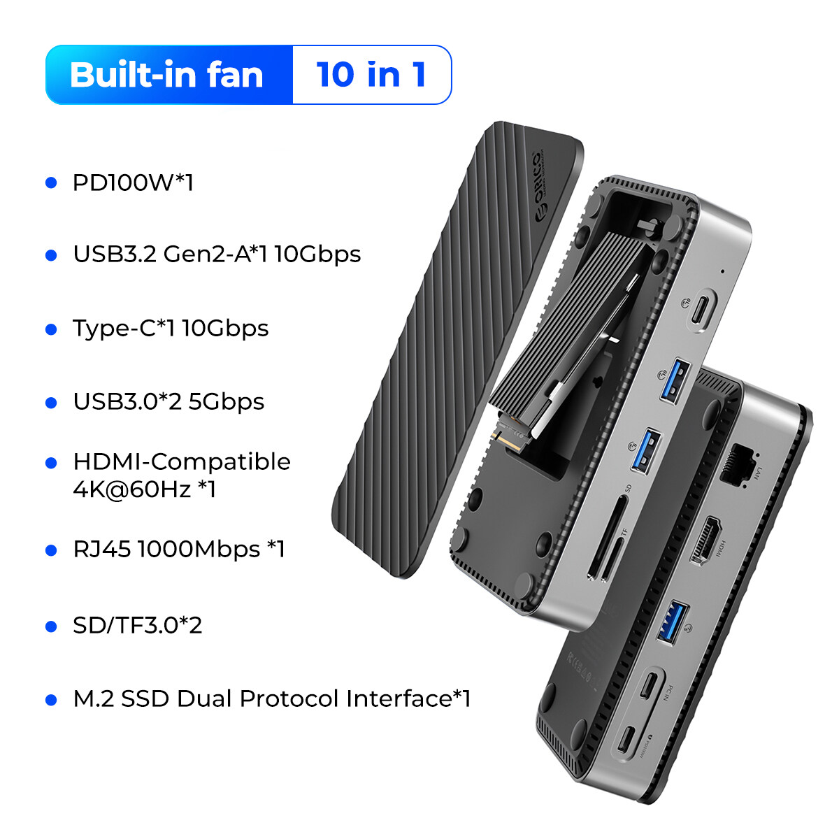 ORICO USB Hub trạm nối với M.2 NVMe ổ SSD SATA bao vây bên ngoài 10gbps 4K 60Hz hdmi-com RJ45 SD/TF