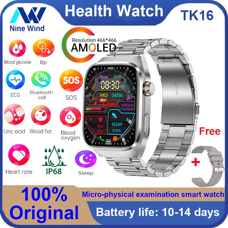 Ninewind TK16 Đồng hồ thông minh Micro kiểm tra thể chất ECG đường huyết huyết áp Uric axit lipid máu giám sát cuộc gọi Bluetooth Màn hình AMOLED SOS 650mAh pin cho IOS Android đa thể thao đồng hồ cho doanh nhân cho nam giới và phụ nữ