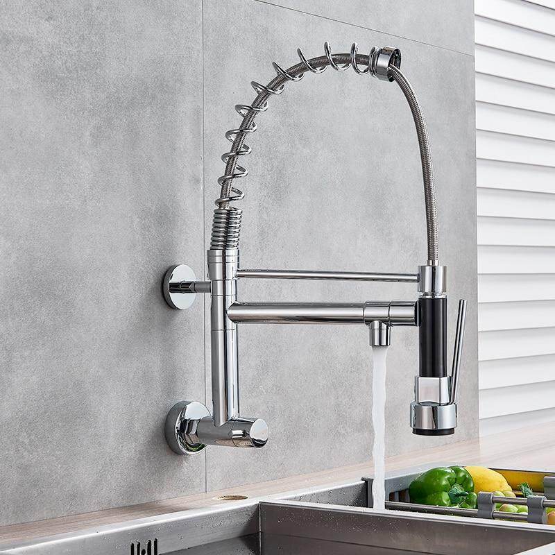 Wall Mounted Spring Kitchen Faucet Pull Down Sprayer Dual Spout