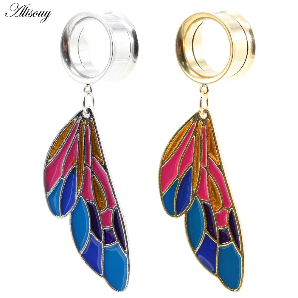 Alisouy 2 chiếc khuyên tai loe đôi cánh tráng men bằng thép không gỉ khuyên nong tai khuyên nong tai đồ trang sức cơ thể xỏ khuyên