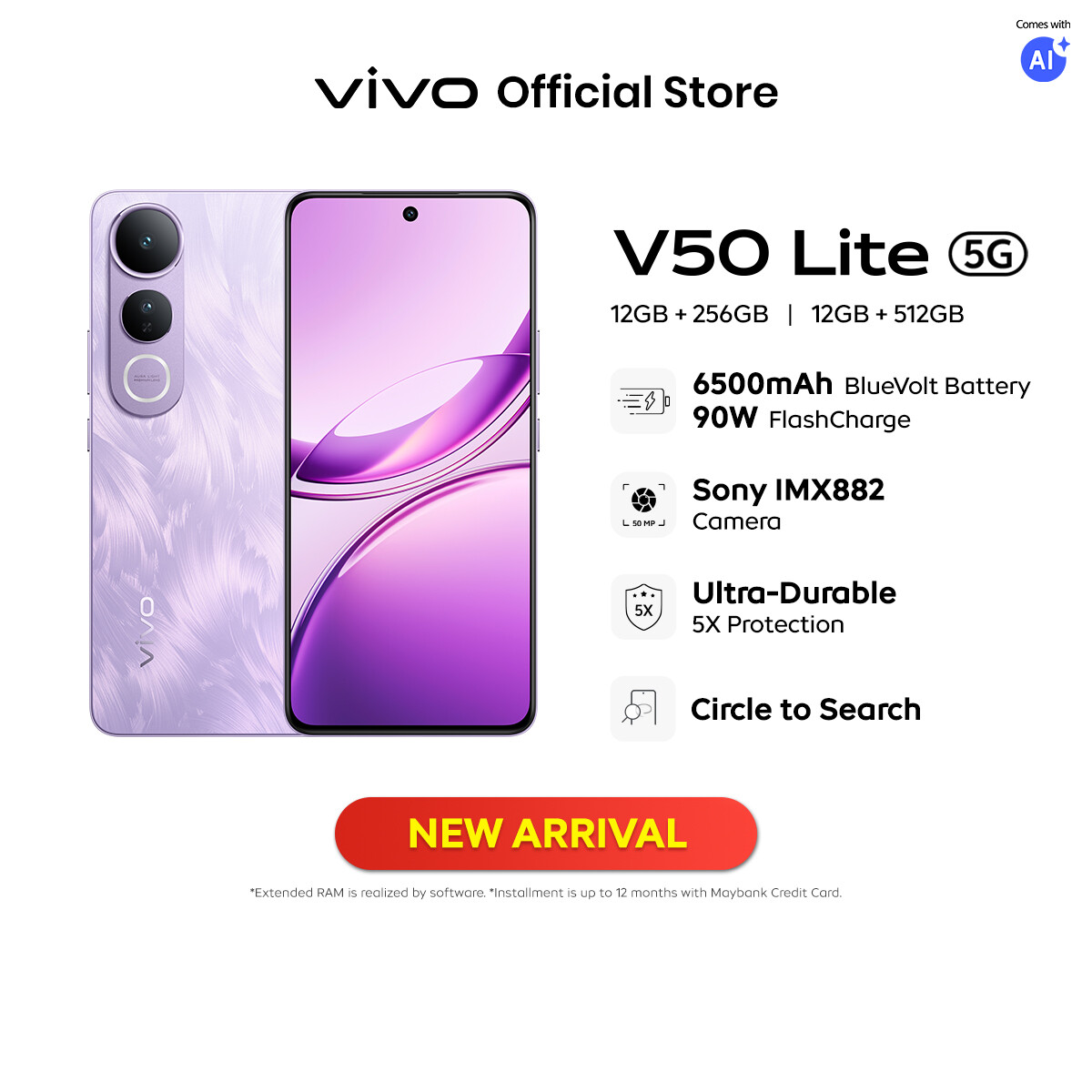 【New Launching】vivo V50 Lite | 24*(12GB+12GB)RAM + 256/512GB ROM | 6500 mAH + 90W | Ultra-Durable 5X Protection | SONY IMX882 Camera | 2x Professional Portrait | Aura Light Portrait | AI Screen Translation | Live Text | Circle To Search Harga 1,518 Ringgit*Penghantaran Percuma