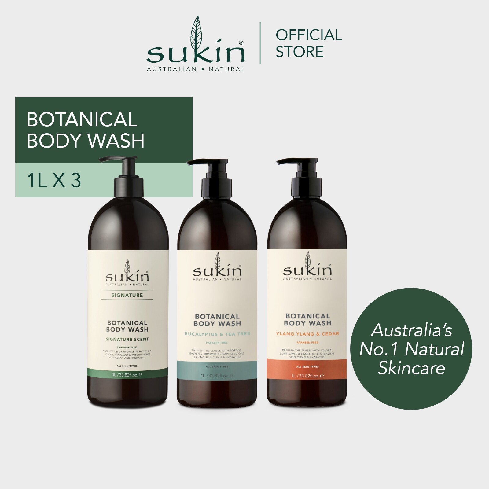 Gambar [VALUE SET OF 3] Sukin Botanical Body Wash 1L (Signature   Eucalyptus   Tea Tree   Ylang Ylang   Cedar)