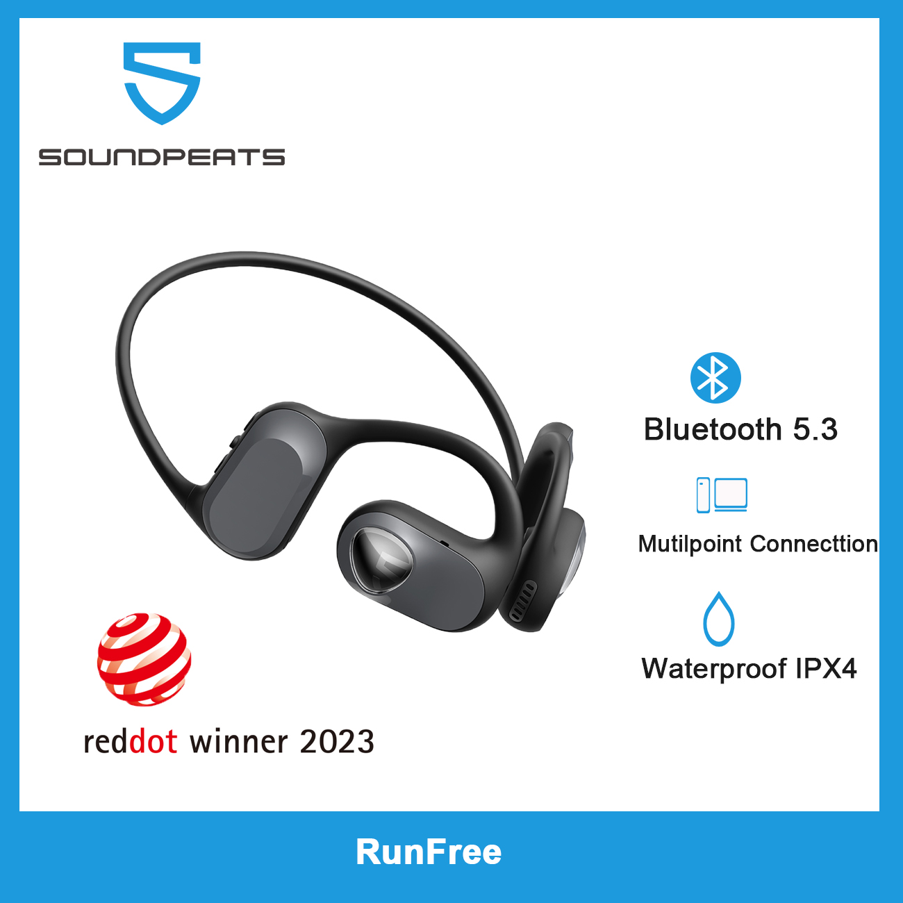 SOUNDPEATS RunFree Bluetooth V5.3 Air Conduction 16.2mm Dynamic Driver Bass Enhancement Mutilpoint Connection Outdoor Open Earbuds Earphone Comfortable Stable Wearing Long Battary Life Waterproof Wireless Headset For Sports Fitness Hiking ราคา 1,549 บาท*ส่งฟรี