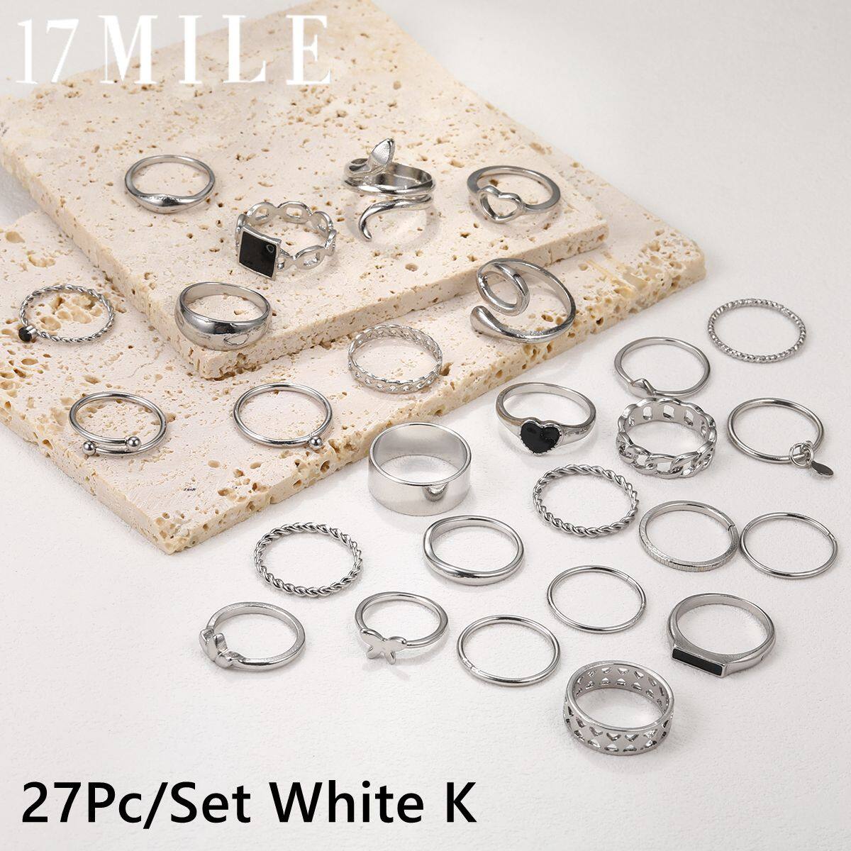 17 MILE 27Pc Set of White K Black Square Heart Snake Ring for Women