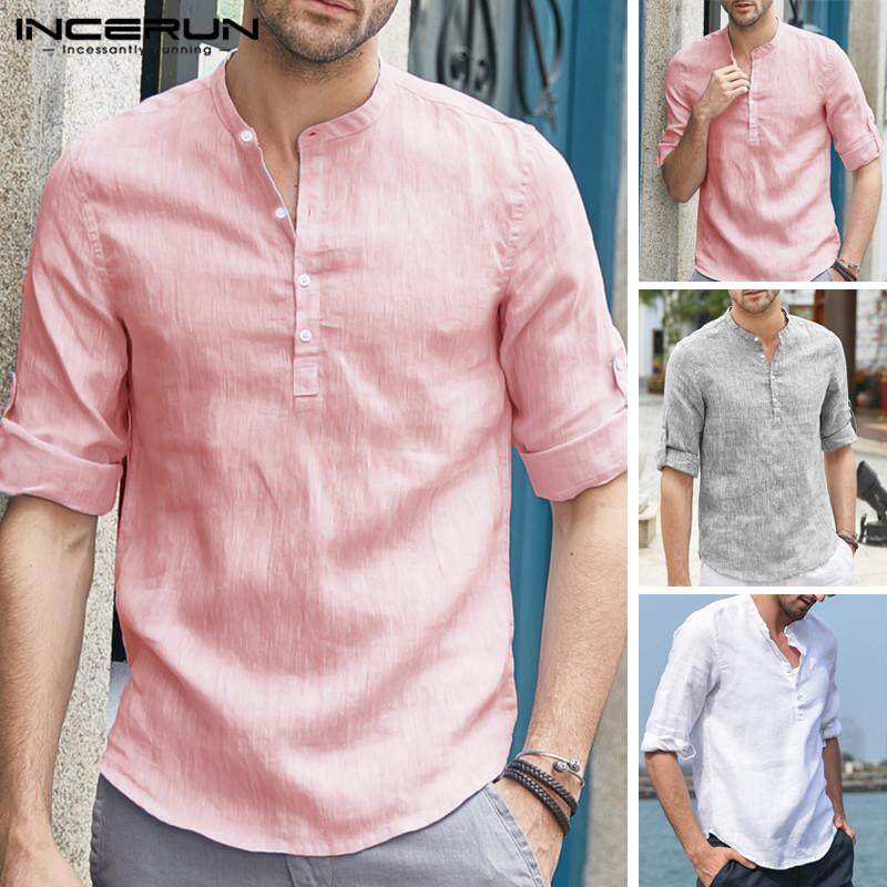 Men's Shirts (Clearance Sale) Incerun ผู้ชายผ้าลินินครึ่งแขนเสื้อคอ V
