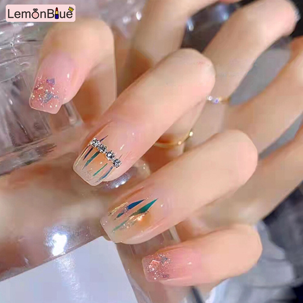 Gambar LemonBlue 24 Pcs Spring Summer New Products Reusable Nail Plate Short Finished Manicure Removable Shiny Fake Nail Plate Self Adhesive Wearable Nail Patch Glossy Glitter Nails With Diamonds