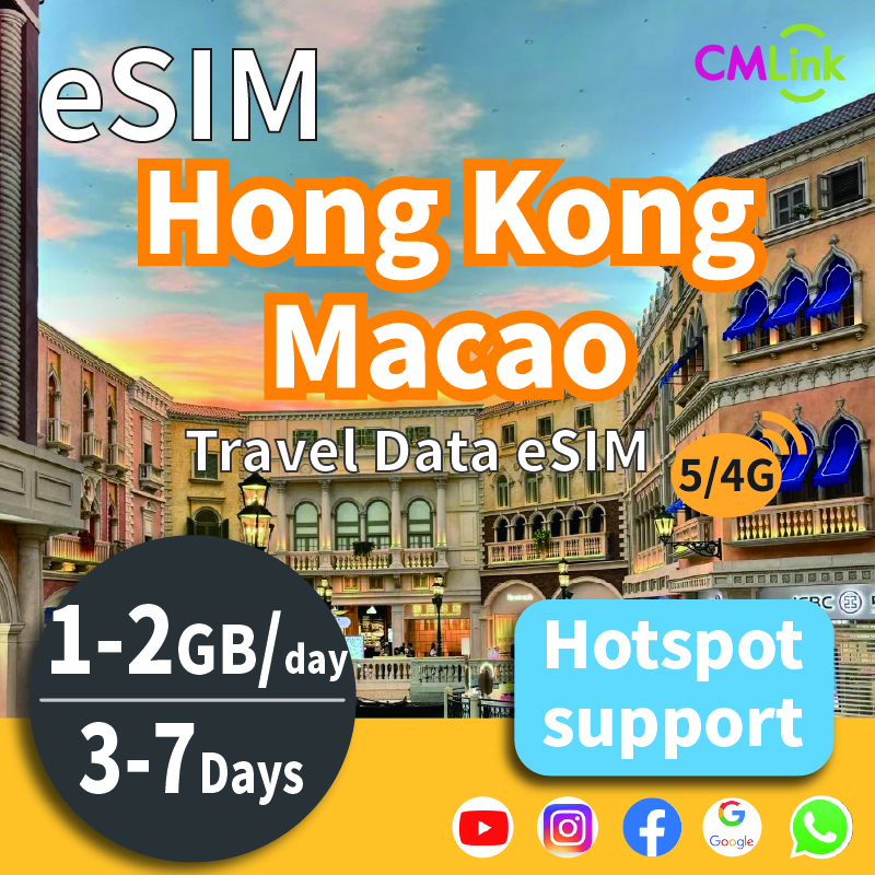 Hong Kong esim + Macao Unlimited Data China Mobile Unicom Prepaid sim 5G LTE 4G (3-7 Days, 1GB/2GB Daily High-Speed Data+Hotspot+Top-Up,QR Code Sent to Your Email) ราคา 98 บาท*ส่งฟรี