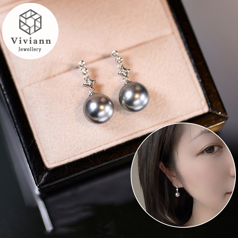 Viviann Original Temperament 925 Silver Needle Grey Pearl Zircon Earrings