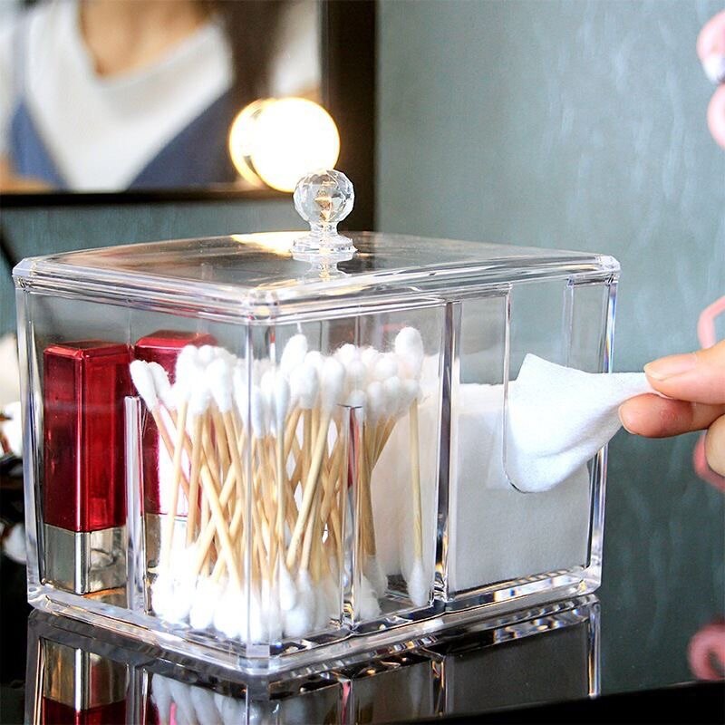 Gambar 4IN1 Makeup Box Portable Container Make Up Cotton Pad Holder Acrylic Cotton Swab Cosmetics Organizer Acrylic Box