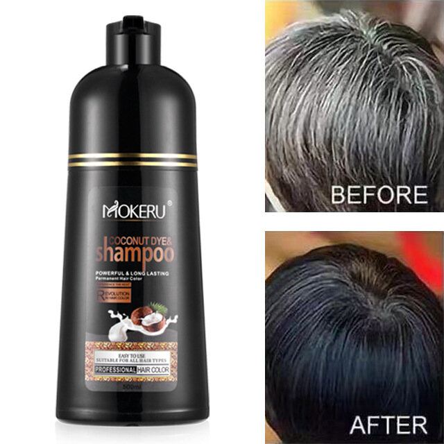 Gambar (??????)500ml  Mokeru Organic Coconut Oil Essence Black Hair Dye Shampoo Covering White   Gray Hair Black Color Dye Shampoo