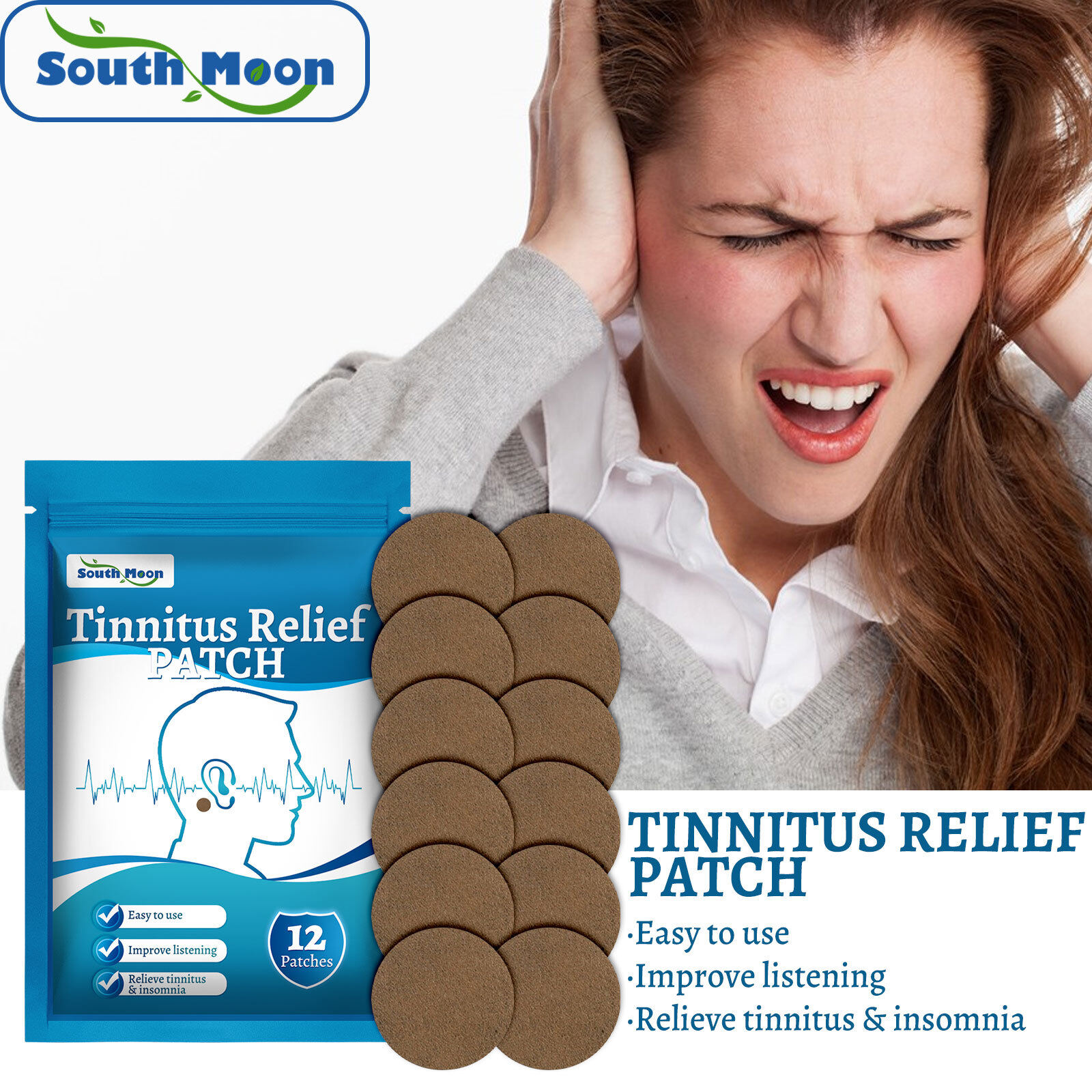 Mặt trăng phía nam ù tai vá Relief vá cho nam giới và phụ nữ phổ quát Relief cho tai khó chịu không rõ ràng thính giác, đau đớn, và tắc nghẽn thư giãn tai vá di động điều trị ù tai vá ngăn chặn vomitng cải thiện nghe chống đau đầu khi lấy máy bay xe hơi