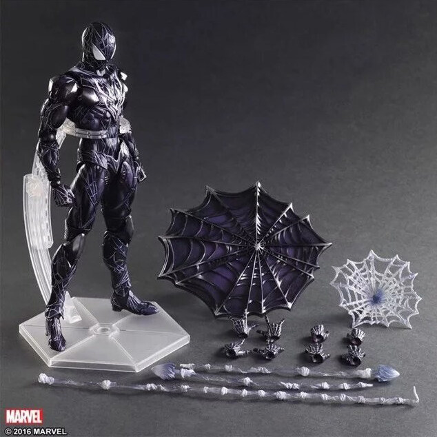 black and silver spiderman action figure