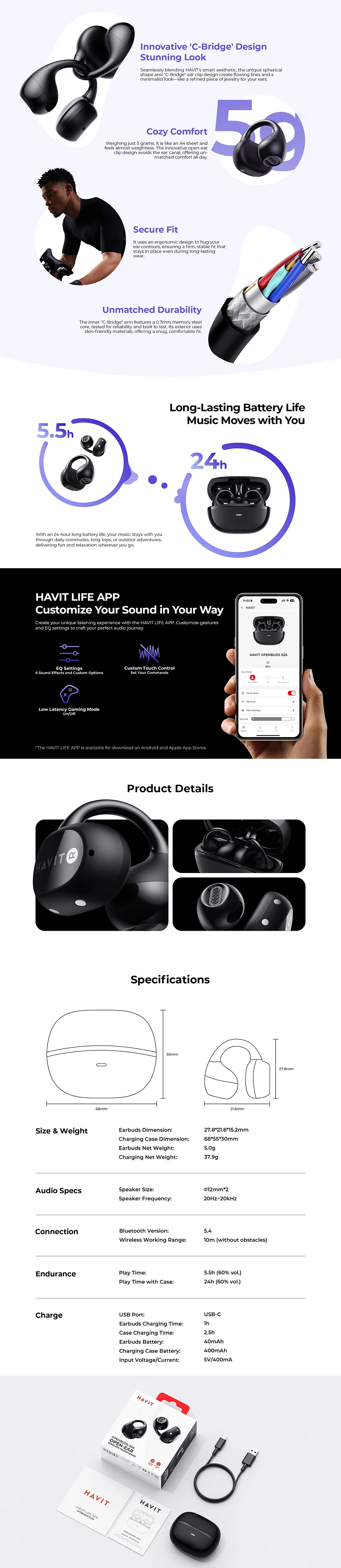 Havit OWS916 LITE Open-Ear Earbuds Wireless Earphone Bluetooth 5.4 Headphone_voghion.com