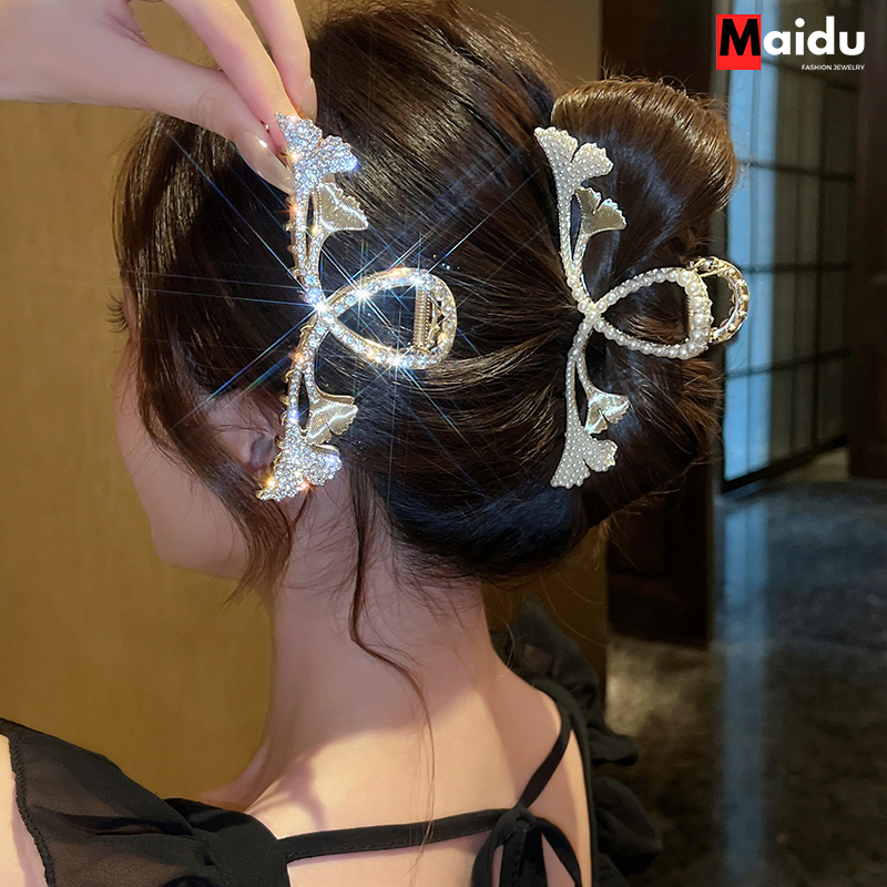 Maidu jewelry kẹp tóc ngọc trai ginkgo biloba kẹp cá mập đính đá mới nhất kẹp tóc tinh tế phía sau đầu