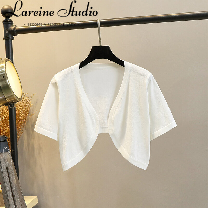 Lareine Áo Cardigan ngắn tay cho nữ áo Gi-lê bảo vệ khỏi ánh mặt trời mùa hè 2023 khăn choàng ngắn áo cánh dệt kim mỏng