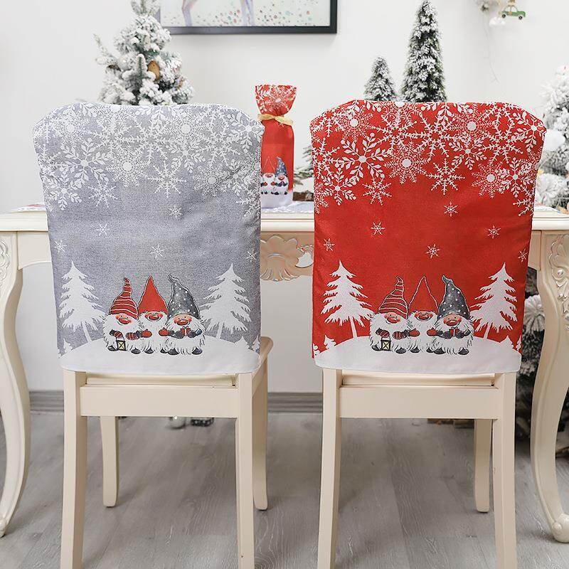 Gambar Christmas Decoration European and American Style Cartoon Red Gray Table and Chair Cover Creative Printing High grade Linen Christmas Chair Cover